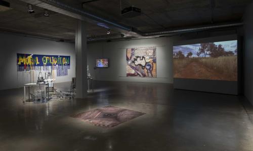 L-R wall; Raquel Ormella 'Australia Rising', Daniel Mudie Cunningham 'True Colours', Mumu Mike Williams and Sammy Dodd 'Postbag Painting', Alana Hunt 'En Masse' Fore: Alex Wisser 'A Hole for Hill End' Mid: Uri Auerbach 'The Western Lands'