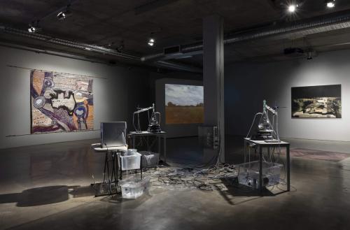 Wall L-R: Mumu Mike Williams and Sammy Dodd 'Postbag Painting', Alana Hunt 'En Masse', Halinka Orszulok 'Random Collaboration' Mid: Uri Auerbach 'The Western Lands'